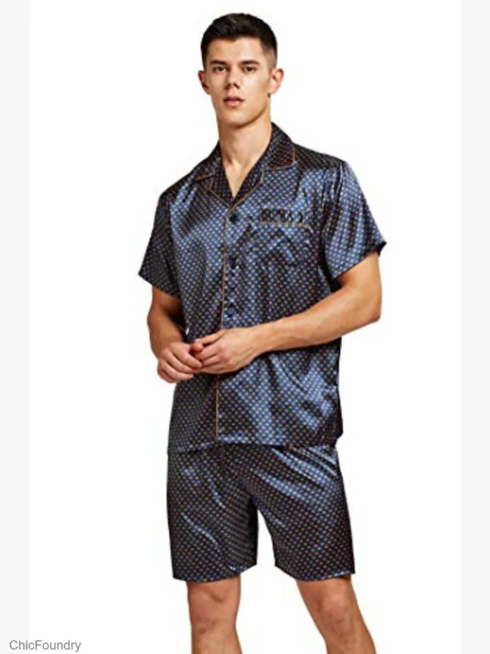 Men's Short Sleeve Satin Pajama Set with Shorts 2-Piece Button Top